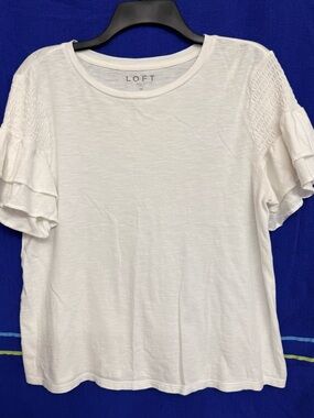 LOFT White Ruffle Sleeve Smocked Shoulder Tee